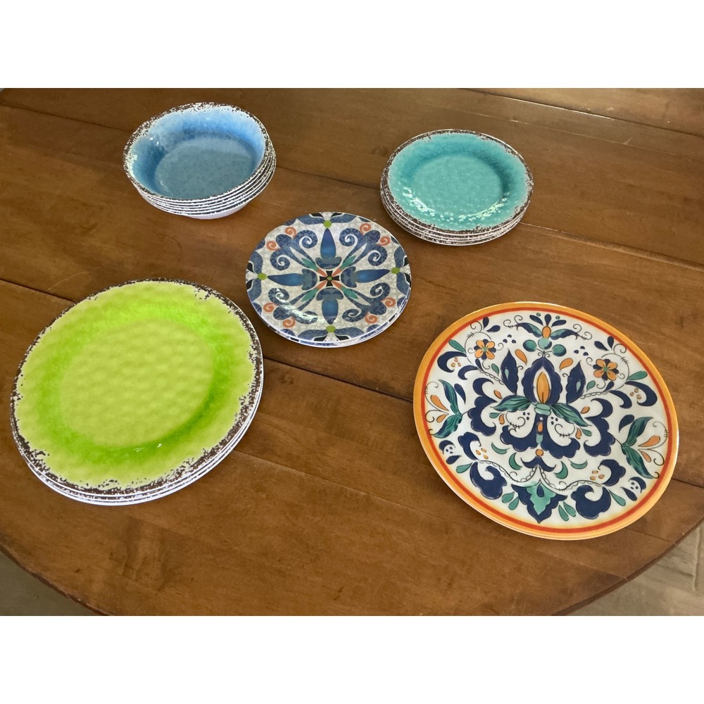 Melamine Dinnerware Set 19pc Mediterranean Floral Green Turquoise Blue Mixed